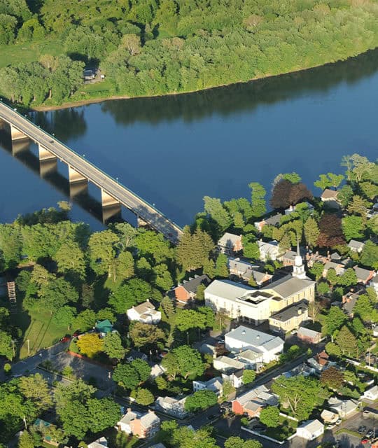 aerial view of a river town