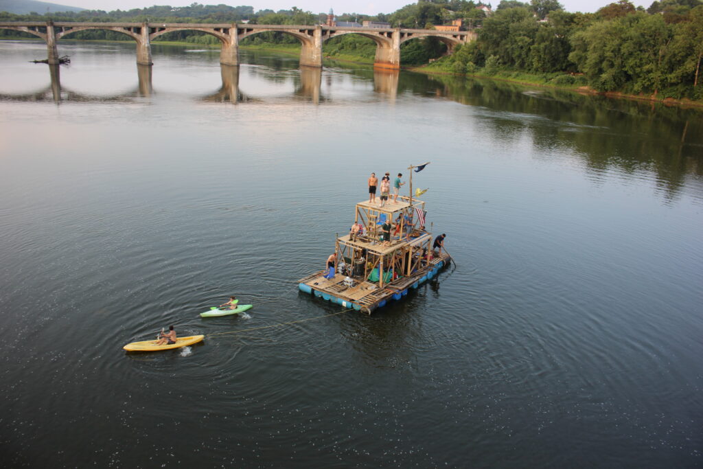 A three-tiered raft floats on the Susquehanna River in Pittston, PA.