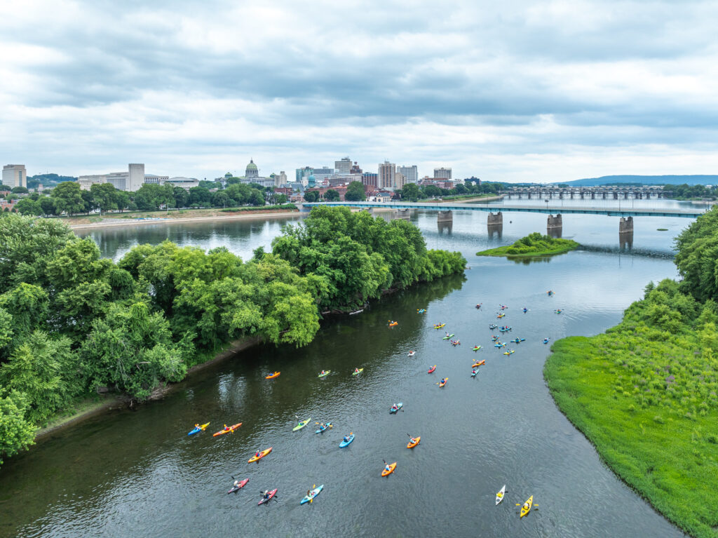 aerial of kayakers near Harrisburg