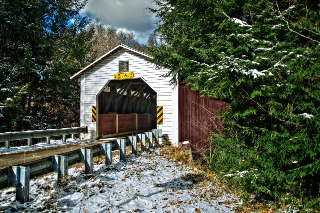 The entrance of the McGees Mills Covered Bridge near Mahaffey, Pennsylvania.