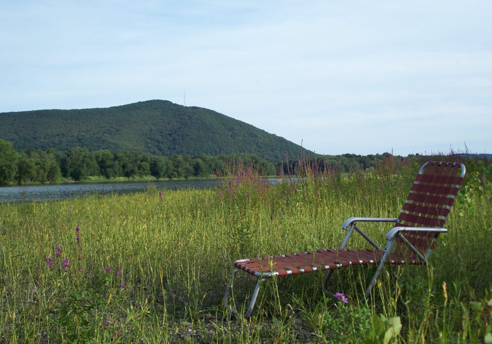 A lawn chair sits empty in a field of grass.