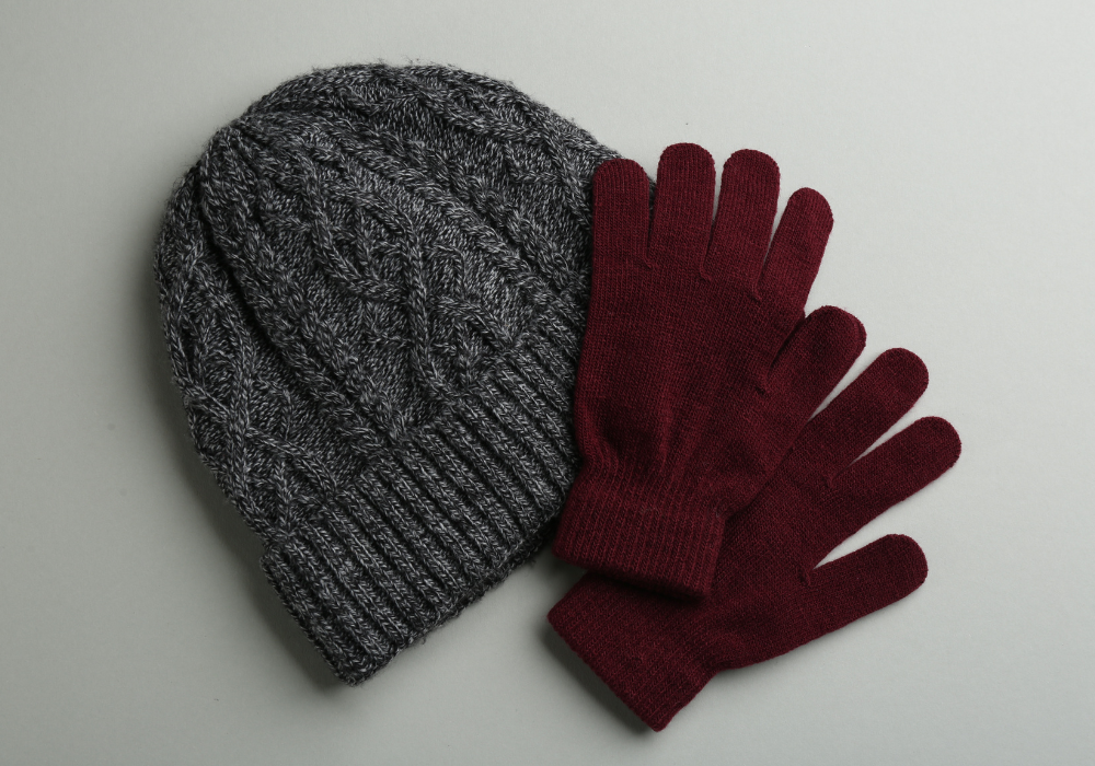 winter hiking hat and gloves