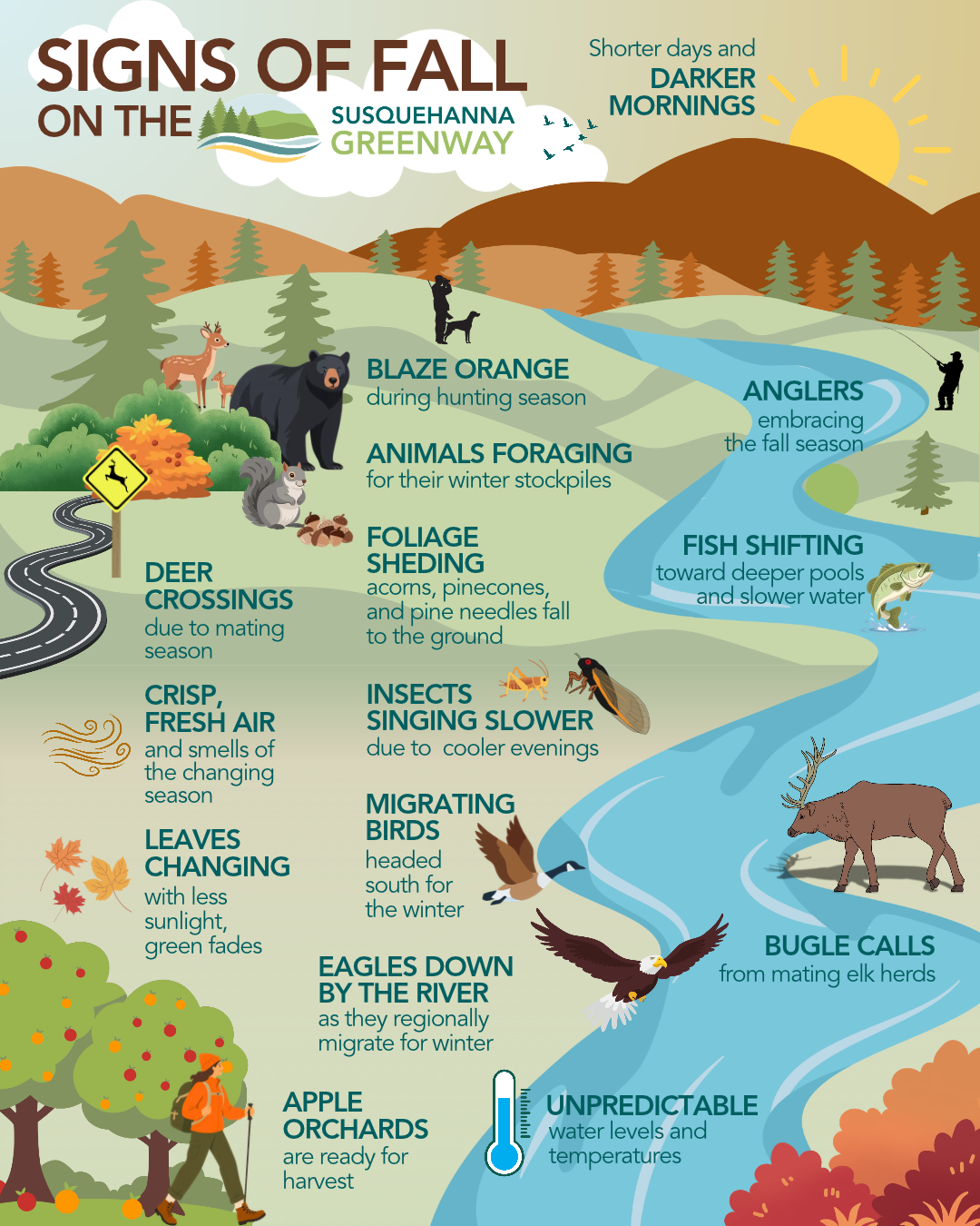 A graphic depicting the signs of fall with people, wildlife, flora, and other environmental signs